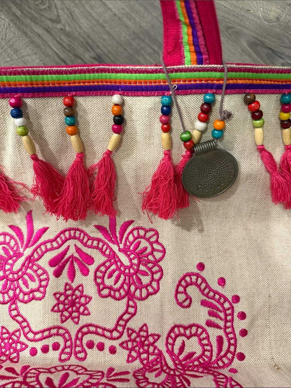 Boho Embroidered Canvas Tote Bag - Pink